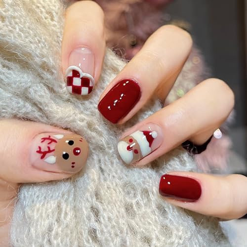 24pcs Christmas False Nails Short - Red Press on Nails With Glue, Elk & Snowman Element Long Lasting Festival Full Cover Stick on Nails for Women & Girls Manicure Decorations