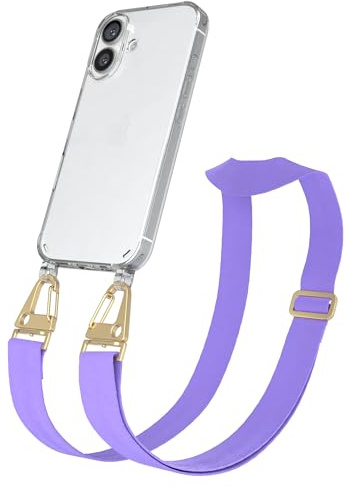 EAZY CASE - Hülle mit Band kompatibel mit iPhone 16 Handyhülle mit Umhängeband Silikonhülle Transparent Schutzhülle Handykette zum Umhängen Handykordel Smartphone in Lavendel Lila - Clips Gold