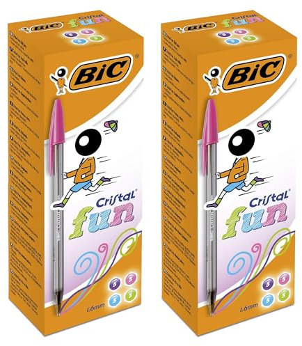 BIC Cristal Fun - Bolígrafos de plástico coloridos para adultos, punta de 1,6 mm, para escritura suave, colores surtidos, 20 unidades, bolígrafos de cristal para la escuela, la oficina (paquete de 2