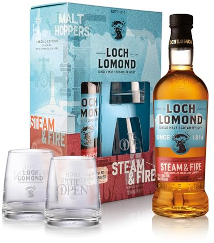 Loch Lomond Steam & Fire Single Malt Whisky Gift Set 70cl | Double Distilled Loch Lomond with Two Branded Whisky Glasses Presented in a Gifting Box for a Premium Scotch Whisky Gift Choice