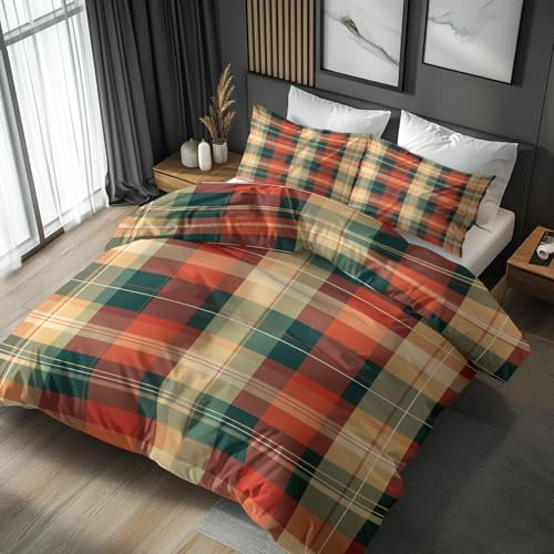 Generisch Bettwäsche 135x200 Tartan Design, 2teilig - Rot Gelb Karo Kariert Vintage Bettbezug und 1 Kissenbezug 80x80, Wendebettwäsche, Schlafzimmer Deko, Mikrofaser, mit Reißverschluss 8yZl-66