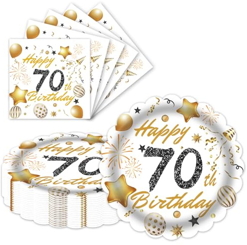LDFDRT 9 Inch 70th Birthday Party Plates and Napkins 40PCS White and Gold Happy Birthday Plates and Napkins Disposable Cake Dessert Tableware Set for 20 Guests