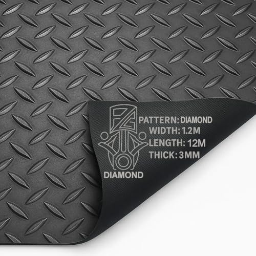 PG Floor Rubber Matting Roll 12m x 1.2m, 20m Black Non Slip Diamond Mat, Heavy Duty 3mm Thick Waterproof Flooring for Garage Gym Van Shed