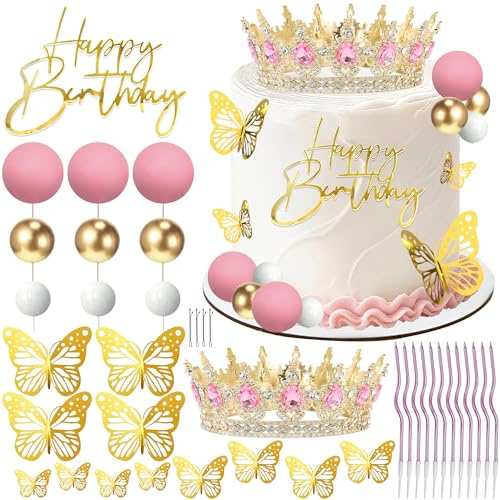 Celblisora Kronen-Kuchenaufsatz-Set, Happy Birthday“Kugeln-Kuchenaufsatz,Rosa Krone,Geburtstagskerzen,Goldene Schmetterlinge,Corona Para Pastel,Kuchendekorationen
