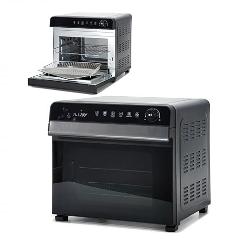 EMPOTEC Friggitrice + Forno Ventilato 28 Litri 3 in 1 Doppio Vetro Combinato Lievitazione Ventilazione Friggitrice Aria Calda Scongelamento Essiccazione Touch Timer 230° 1600W Luce Interna 33x31x30cm
