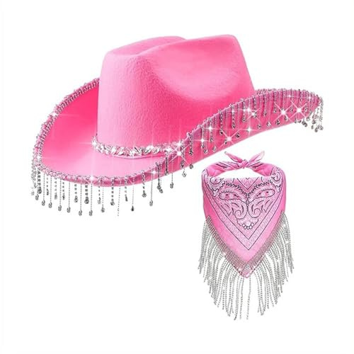 CowboyHut Damen Herren Westernhut Cowboyhüte Cowgrilhut Randlose Hippie Herzförmige Brille Halstuch Wilder Westen Party Brillen Geburtstagsfeier Fasching Karneval Kostüm Party,Cowboy Hut Pink