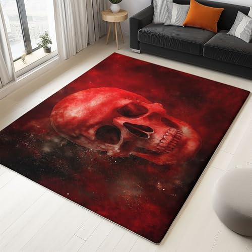 160 x 230 cm Waschbare Teppiche, Rot Jahrgang Wohnzimmer Schlafzimmer Teppisch, Dunkelheit Schädel Drucken rutschfest Kurzflor Weich Rugs for Esszimmer Büro