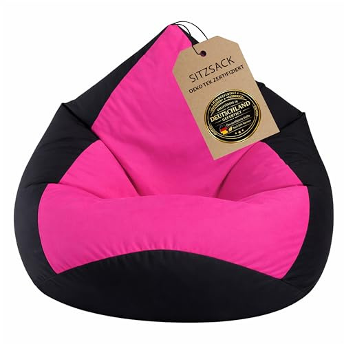 BuBiBag Sitzsack XXL Mädchen – Bean Bag fertig befüllt – Oeko-Tex – wasserabweisend – Kinder & Erwachsene – schwarz-pink – 120x95cm