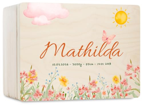 Pinus Erinnerungskiste Holz personalisierbar 20x15x10 cm | Wunschtext Name Datum, Kiefernholz, UV Druck, Baby Erinnerungen, Geschenk Geburt Taufe 1 Geburtstag
