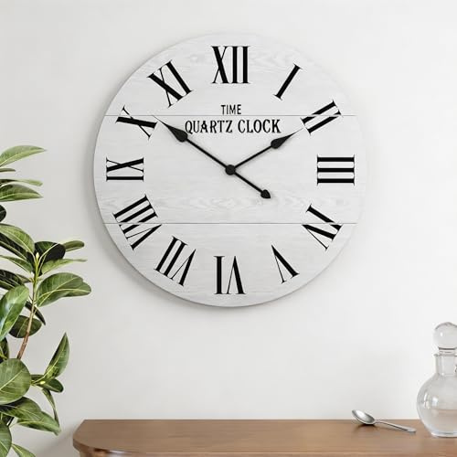 MROJISC Wanduhr, 60cm Wanduhren Holz, Leicht Ablesbare Lautlose Batteriebetriebene, Groß Runde Wanduhr für Zuhause, Küche, Wohnzimmer, Büro, Wanddekoration, Weiß