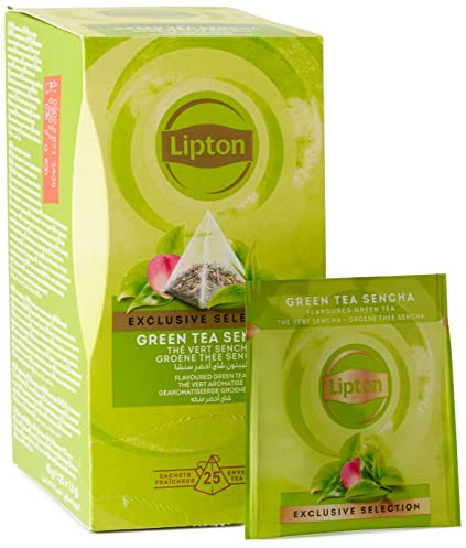 Lipton Exclusive Selection Thé Vert Sencha, Saveur Poire & Pétales de Rose, Sans Amertume, Label Rainforest Alliance, 25 Sachets Pyramides