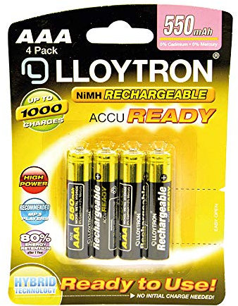LLOYTRON NiMH Rechargeable AccuReady Batteries / AAA Size / 550mAh / Ready to Use/ 4 Pack - B008
