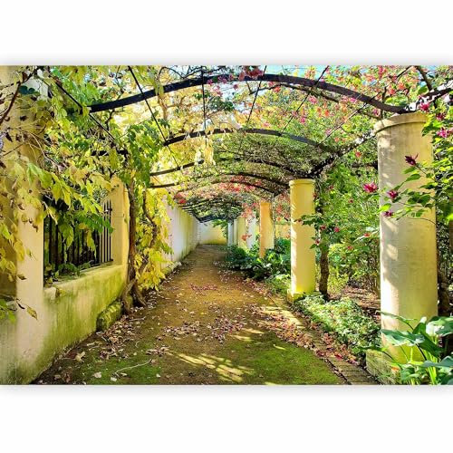 Papier peint murando panoramique moderne 300x210 cm - Revêtement mural décoration salon - Design moderne - Beige blanc marron vert - Illusion fleurs nature jardin espace plantes 10110903-18