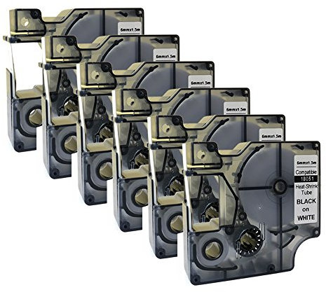 NEOUZA 18051 S0718260 Kompatibel für DYMO Rhino IND Pro Industrial Schrumpfschlauch-Kabeletiketten Etikett Tube Länge 1.5m Schwarz auf Weiß 6mm) (6PK) EINWEG