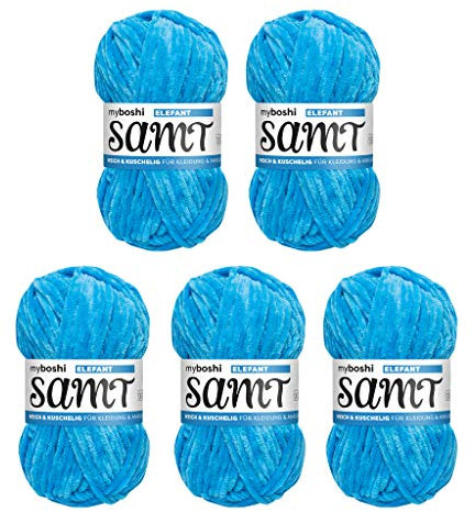 myboshi Samt Wolle zum Häkeln und Stricken, weiche Chenille Wolle im XXL-Knäuel, perfekt für Amigurumi und Kissen, 100% flauschige Polyester, 100g, Ll 100m Blau (Elefant) 5 Knäuel