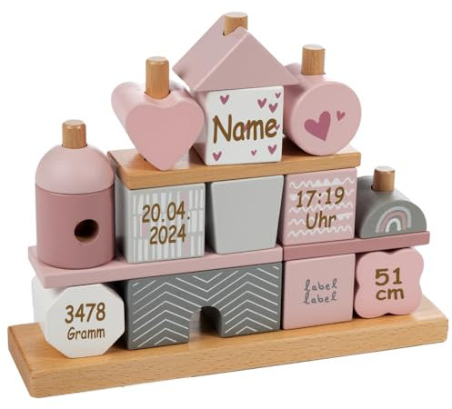 Steckspiel Haus rosa personalisierbar mit Name und Geburtsdaten Baby Geschenk mit Gravur