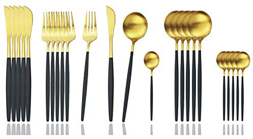 JASHII Besteck-Set, 24-teilig, Edelstahl, Küchenutensilien-Set für 6 Personen, Geschirr-Set für Zuhause, spülmaschinenfest (matt schwarzer Griff gold)