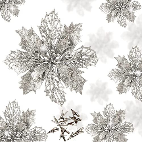 DWTECH 12/24 Stücke Christbaumschmuck Glitter Poinsettia Funkeln ​Ornament Weihnachtsblume Weihnachten Blumen Deko für Künstliche Weihnachtsblumen Hochzeit Kränze Dekoration (12 Stücke)