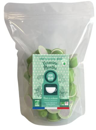 CAPSUL&BIO Infusion Bio Verveine Menthe - Compatible avec les machines à Capsules Nespresso - Pochette de 70 Capsules Biodégradables, 100% Végétales - Rapide et Sain - Fabriqué en France.