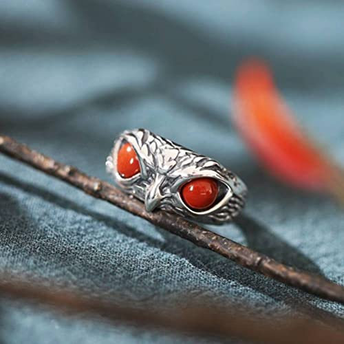 Blue Eyes Owl Ring Vintage 925 Silber Verstellbarer Herren- und Damenschmuck Offener Verstellbarer Ring Roter Achat, OZZKI, Roter Achat