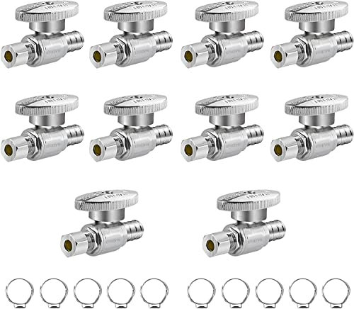 WiseWater Gerades Absperrventil, 0,95 cm Außendurchmesser, Kompression x 1,27 cm PEX-Wasserabsperrventil mit 10 Edelstahl-Klemmringen, 1/4-Drehung, verchromtes Messing, PEX, CPVC, Kupferrohr (10