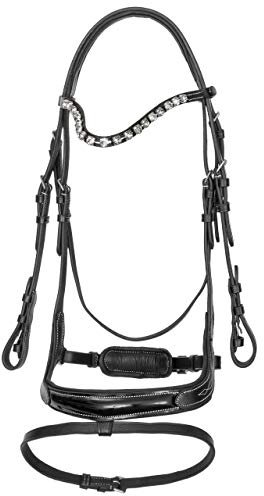 Start Anatomische Trense aus Premium-Leder mit lackiertem Nasenriemen & funkelnden 1 cm Kristallen – ergonomisch für maximalen Pferdekomfort (Pony, Schwarz)