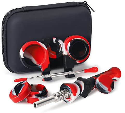 SUNNEKO Silikon-Honigbienen-Dampf-Strohhalm-Set, Tupfstrohhalm, Öl-Rigs-Schalen, Sammler, Titanspitze, 16,5 cm Silikonwachs, Schnitzerei-Reisewerkzeug-Set mit Reiseetui (Rot + Schwarz + Weiß)