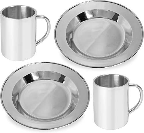 normani Edelstahl Camping Set, bestehend aus 2 x Teller und 2 x Tasse Farbe Silber
