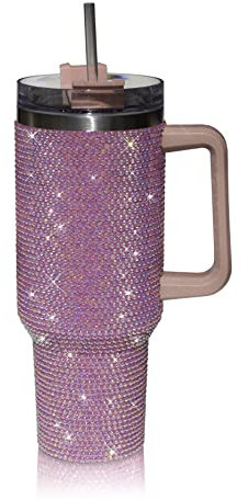 cuteolivia 40 Oz Rhinestone Studded Tumbler with Handle Straw and Lid, Insulated Stainless Steel Double Layer Water Bottle for Women, Reusable Travel Coffee Mug (1200ml) Pink