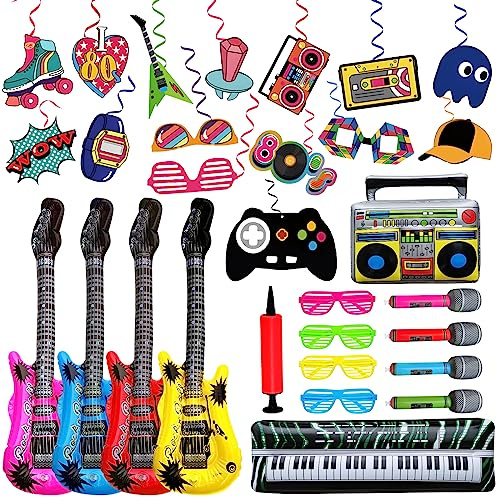 29 Pcs Inflatable Party Props, Inflatable Guitar Microphones Piano Musical Instrument Accessories Party Gifts with Hanging Swirls, Rock Star Toy Balloon Set Photo Booth Props 80s Party Decoration