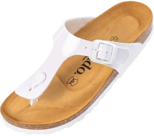 Palado Zehentrenner Damen Kos Lack – gefertigt in Spanien – glänzende Lack-Optik – weiches Veloursleder-Fußbett – dein idealer Sommerbegleiter Weiß/Weiß UK6 - EU39