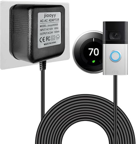 jiooyy 24V 500mA Video Doorbell Power Adapter - 16.4 feet Extension Cable, AC110-120V to AC 24V Fits Eufy, Wyze, Ring, Nest, Arlo Wireless Video doorbell Transformer(Black)