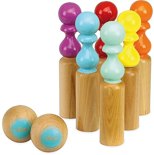 6 Birilli da Bowling Retrò Bicolori 2 Palle Gioco all'Aperto per Bambini | Sacchetto di stoffa incluso | sviluppa precisione e abilità | gioco di società conviviale | idea regalo ludica astuta oggi