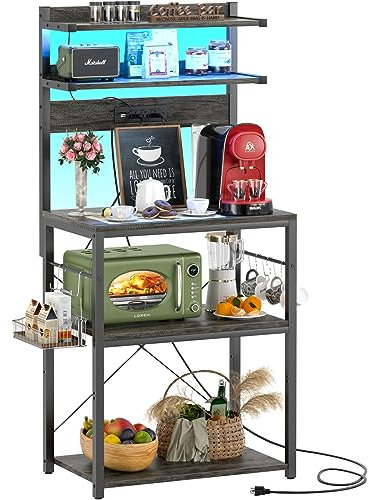 Aheaplus Küchenregal mit Steckdose und LED-Licht, 4 Etagen, Kaffee-Bartisch, Küchen- und Mikrowellenständer, 4 graue Eiche