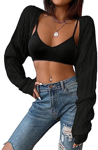 GORGLITTER Damen Super Cropped Strick Cardigan Langarm Bolero Tops Sweater Open Front Jacke Strickbolero Schwarz L