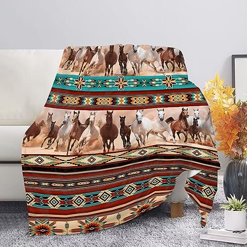 Coloranimal Überwurfdecke mit Aztekenmuster und Pferdemotiv, warm, bequem, für Kinder, Tagesdecke, Damen und Herren, Größe M