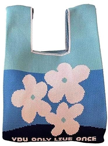 Anopo Damen Geknotete Gewebte Tasche Klein Gehäkelt Handtaschen Niedlich Ästhetisch Blume Portemonnaie Handgelenk Tasche Gestrickt Mode Tragetasche Blau