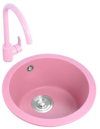 WhfPs Rosafarbenes Waschbecken, Küchenspüle, rundes Waschbecken, Einzelbecken, Quarz-Küchenspüle, Aufsatz-/Einbau-Küchenspüle aus Edelstahl mit Sieb und Wasserhahn (Farbe: Rosa, Größe: 30 cm)