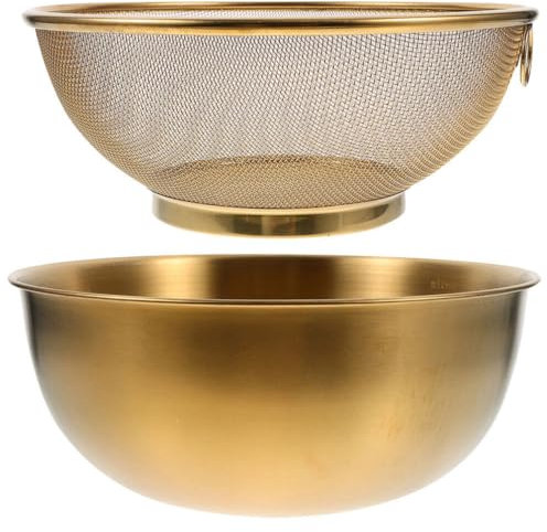 UPKOCH Panier Passoire En Acier Inoxydable Doré, Tamis De Cuisine Avec Bol, Ensemble De 2 PièCes Pour LéGumes, Riz, Fruits Et PâTisserie