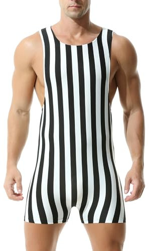 DTODWW Herren gestreifter Wrestling-Body Einteiler Badeanzug Dehnbar Baselayer Pyjama Turnanzug Athletischer Jumpsuit, schwarz/weiß, Large