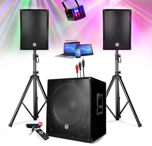 Sound-Set mit Lautsprecher + Subwoofer 1800 W USB Bluetooth + Füße + Kabel und Derby LED gratis – PA DJ Sono Mix Party Disco Mobile