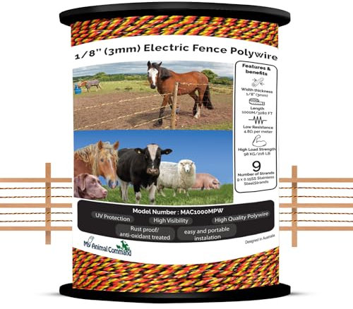 My Animal Command 3mm(1/8In) Thick Solar Powered Chicken Polywire Electric Fence 1000m/3280 Ft Length for Containment of Livestock, Horses, Deers, Bears, Farm Animals, Gardens, Pets,Animal farm Wire