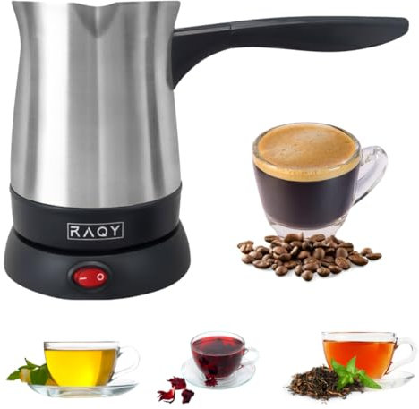 RAQY Electric Coffee Pot, Turkish Greek Coffee Maker, Stainless Steel, Rotational base, Capacity 250ml up to 500 ml, 800 W Power, Coffee, Espresso, Milk, Hot Chocolate, Portable Travel Stainless