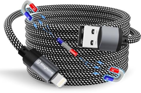 Magtame Magnetic iPhone Charger Cable, 1.5M Coiled Lightning Cable, Braided USB A Fast Charging Cord for CarPlay, Clutter-free and MFi Certified for iPhone 14 13 12 11 Pro X Xs Max XR 8 7 6