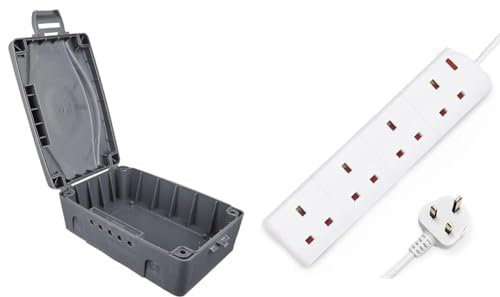 Masterplug WBX-MS Weatherproof Electric Box for Outdoors, 345 x 220 x 126.5 mm, Grey & DESIRETECH White Electric Extension Lead 4 Gang 2 Metre | 2m Long Cable | UK Plug 3 Pin Socket Outlet