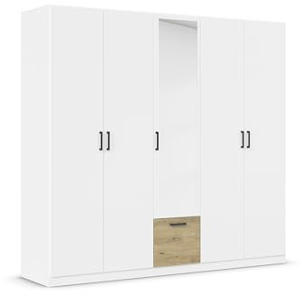 Rauch Möbel BARI, Kleiderschrank, Farbe Weiß/Eiche Artisan, Breite 226 cm | Schrank, 5-türig, Spiegel, 1 Schublade, für Schlafzimmer, Kinderzimmer, Babyzimmer, Homeoffice, Garderobe, Flur