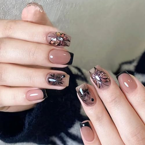 Press on Nails French Tip Short, Chinese Ink Type Rose Nails Fake Nails Acrylic Nails with glitter butterfly Designs Artificial Nails Stick on Nails for Women Manicure 24Pcs