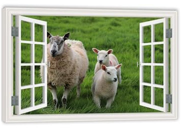 MOBYAT Fensterblick Bilder auf Leinwand,Tierbilder auf Leinwand,Schafe auf grüner Wiese,Poster Fensterblick,Wohnzimmer Wanddekoration60x40cm(24x16in) Innenrahmen