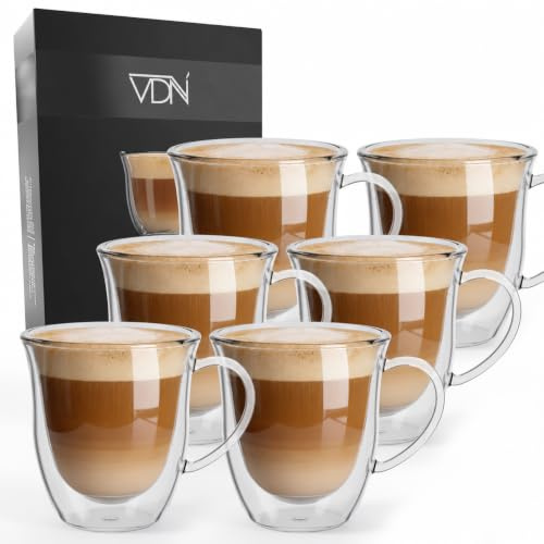 VDN Doppelwandige Kaffeegläser - Cappuccino Gläser [250ML, mit Griffen] - Doppelwandige Gläser [Thermo, für Heiß und Kalt] - Ideal als Eiskaffee-, Teegläser oder als Trinkglas - 6er Set