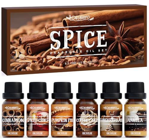 SALUBRITO Spice Essential Oils Set, Autumn Fragrance Oils for Diffuser for Home, Candle, Soap Making - Cinnamon, Spiced Cider, Pumpkin Pie, Coffee Cake, Gingerbread, Vanilla Aromatherapy Oil